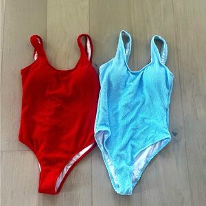Set of 2 Red and baby Blue Textured Swimsuits, new with lining in crotch area